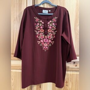 Linea Louis Dell'Olio Vintage Floral Embroider Burgundy Blouse 3/4 Sleeve Sz XL